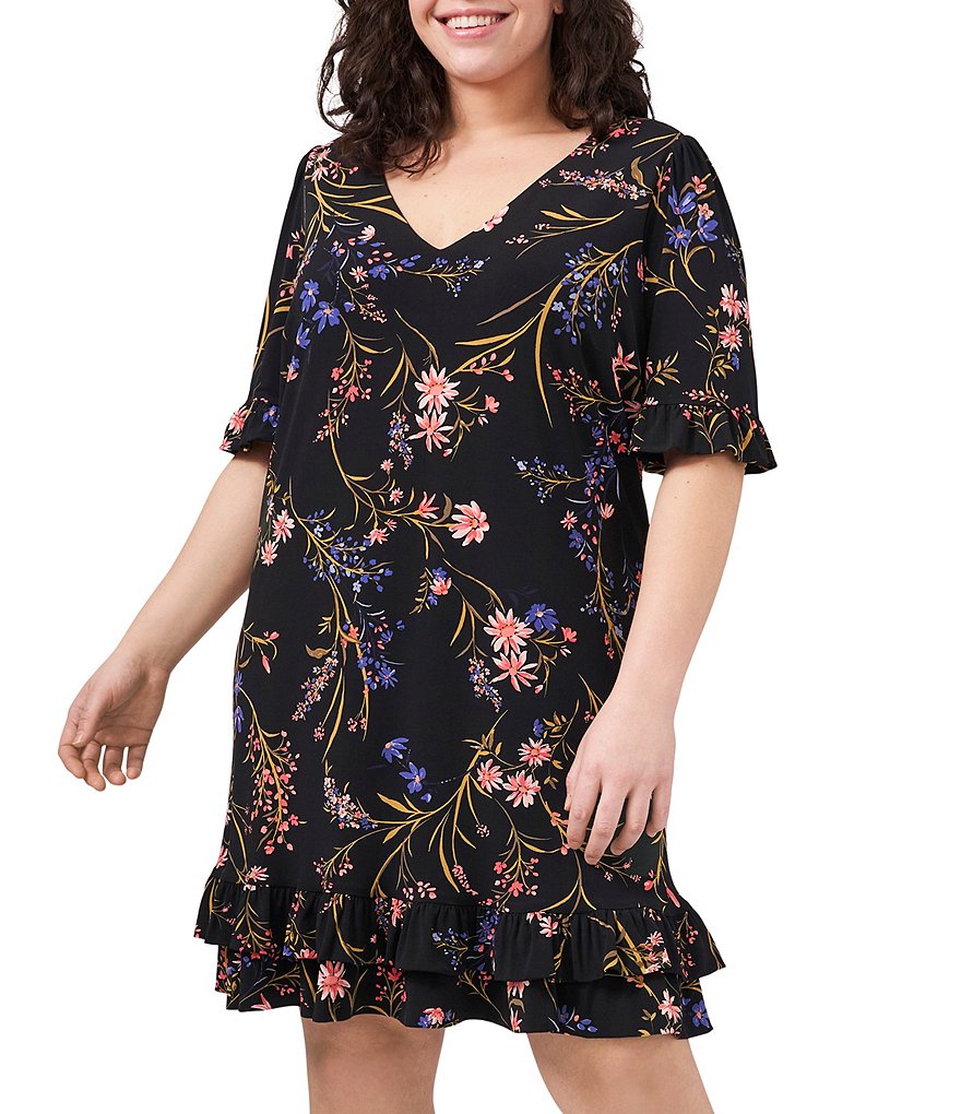 CeCe Plus Size V-Neck Ruffled Short Sleeve Floral Knit Dress