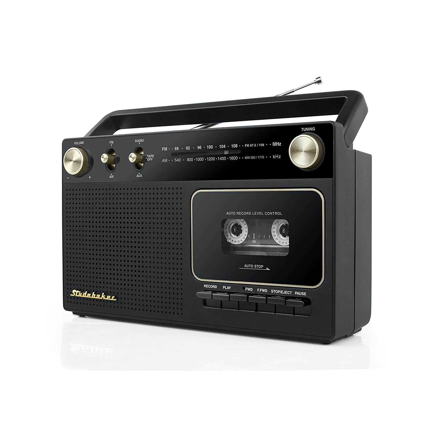 Studebaker Portable Retro Home Audio Stereo AM/FM Radio & Cassette Player/Recorder with Aux Input Jack & Built in Speakers (Gold)