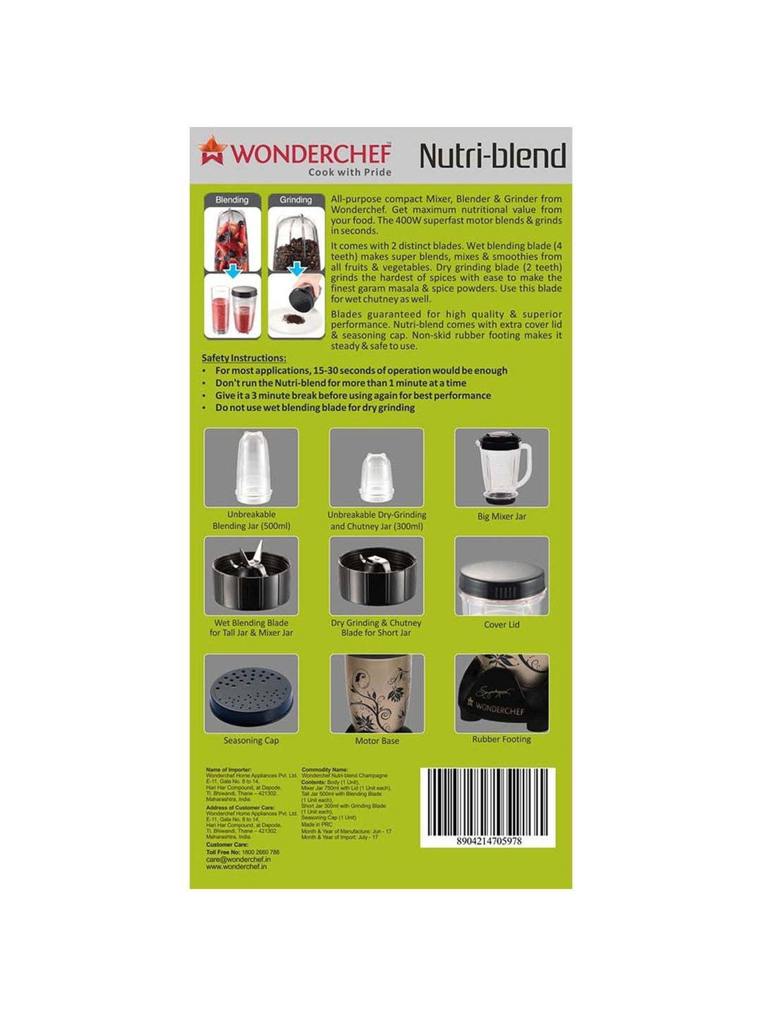 Wonderchef Nutri-Blend 22000 RPM Mixer-Grinder with 3 unbreakable jars (400W, Champagne)