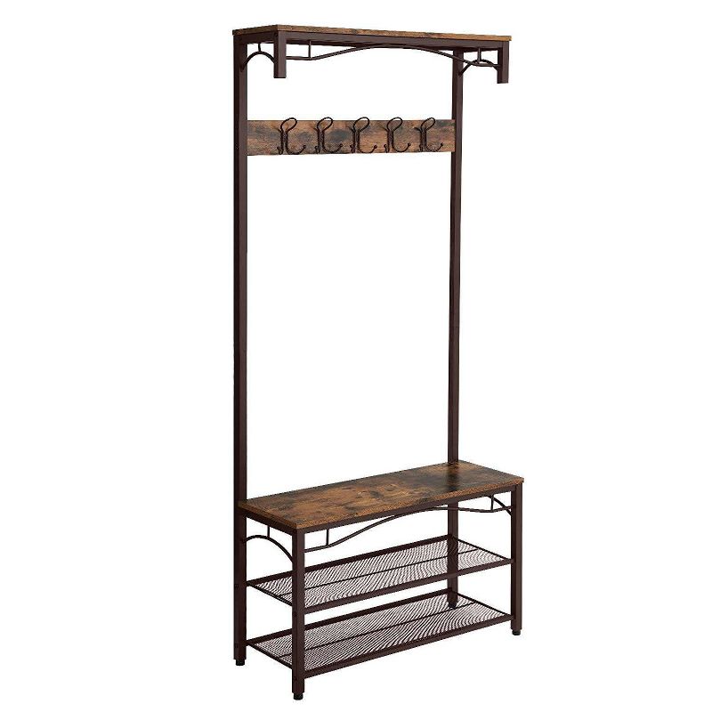 Metal Framed Coat Rack with Wooden Bench and Two Mesh Shelves Brown and Black - Benzara