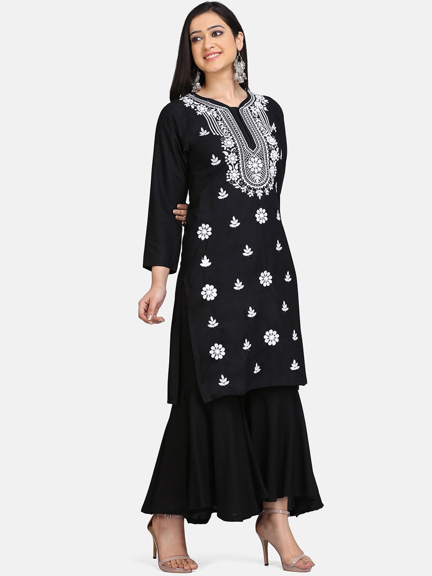 SHADES Black Chikankari Kurta Sharara Set