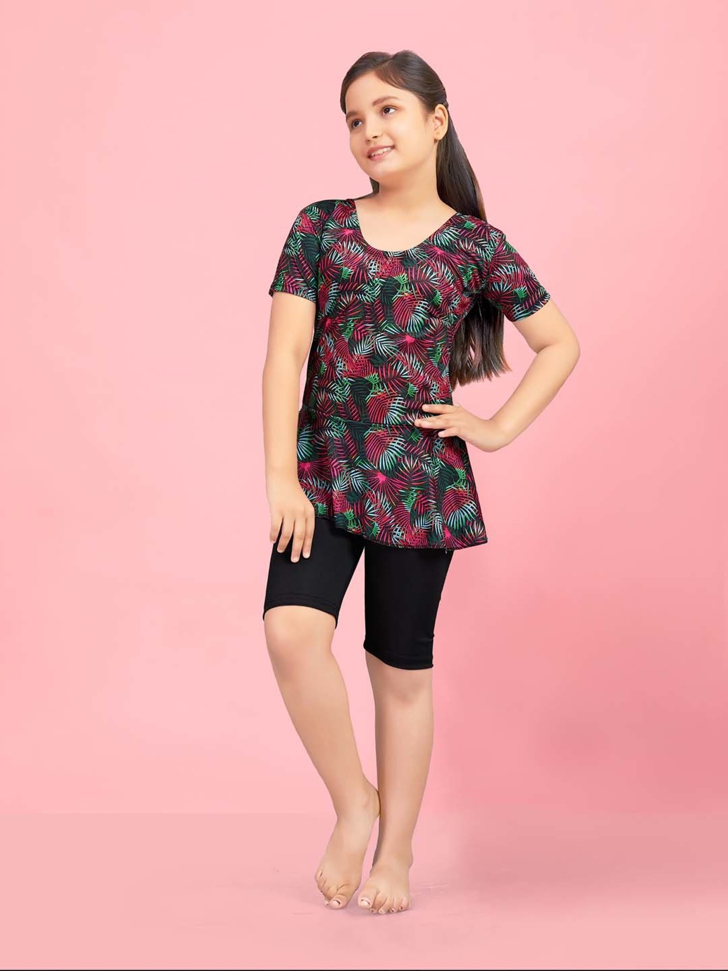 Aarika Kids Pink & Black Printed Swimming Top Set