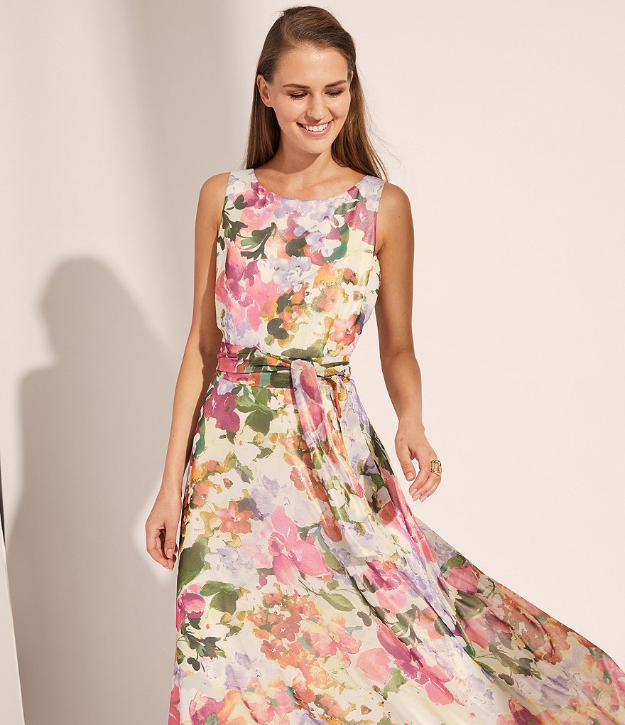 Tahari ASL Floral Foiled Chiffon Sleeveless Dress