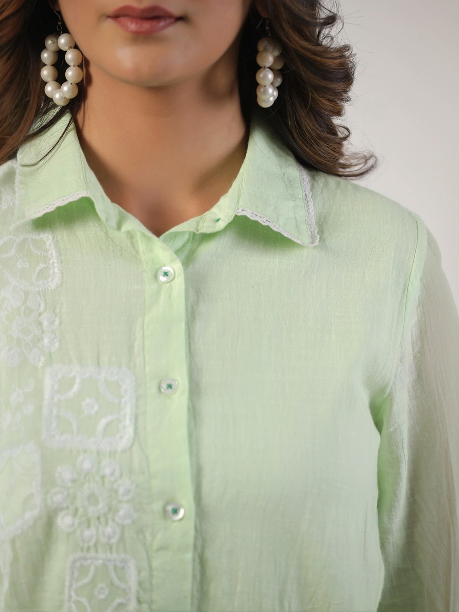 Zolo Label Pista Green Cotton Embroidered Shirt Palazzo Set