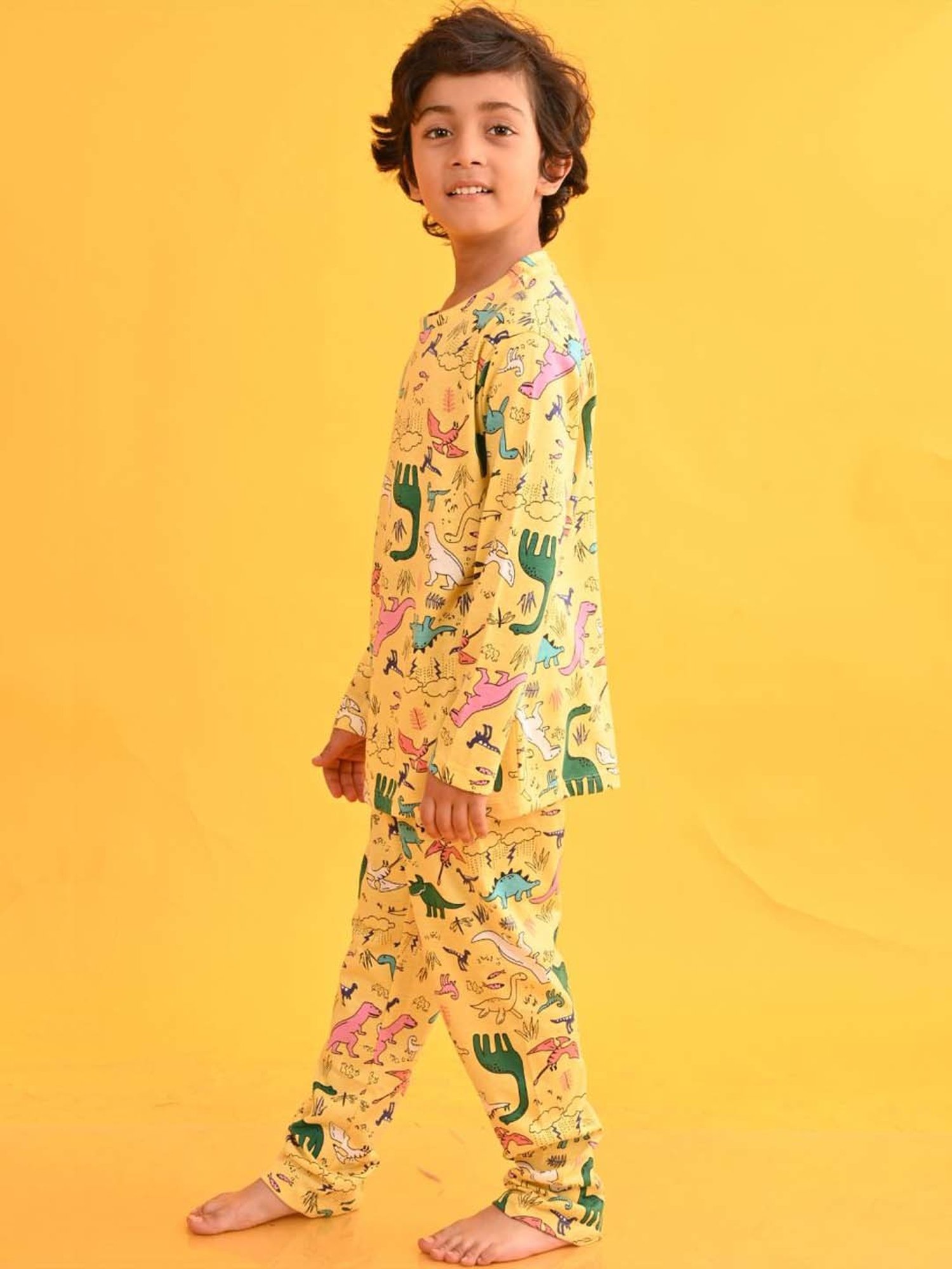 Anthrilo Kids Yellow Cotton Printed Full Sleeves T-Shirt & Trouser