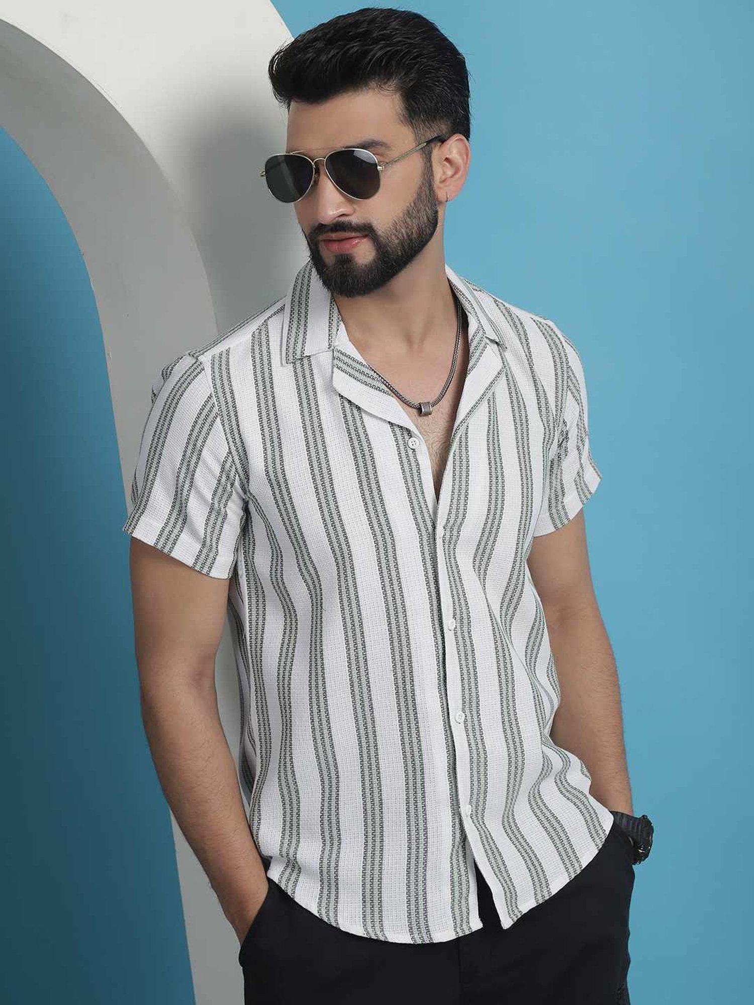 Indian Needle Green Cotton Regular Fit Striped Shirt