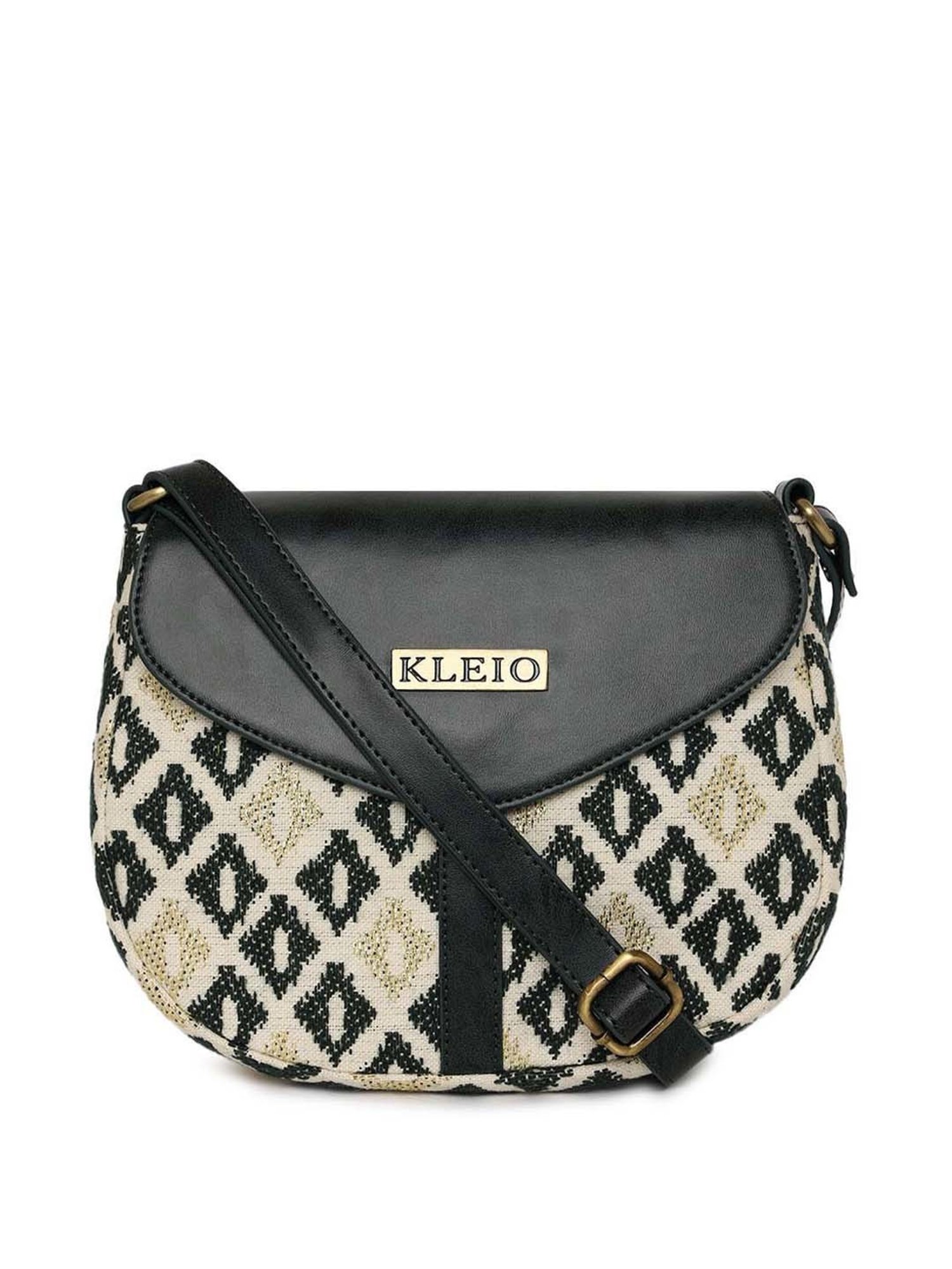 KLEIO Black & Golden Textured Medium Sling Handbag