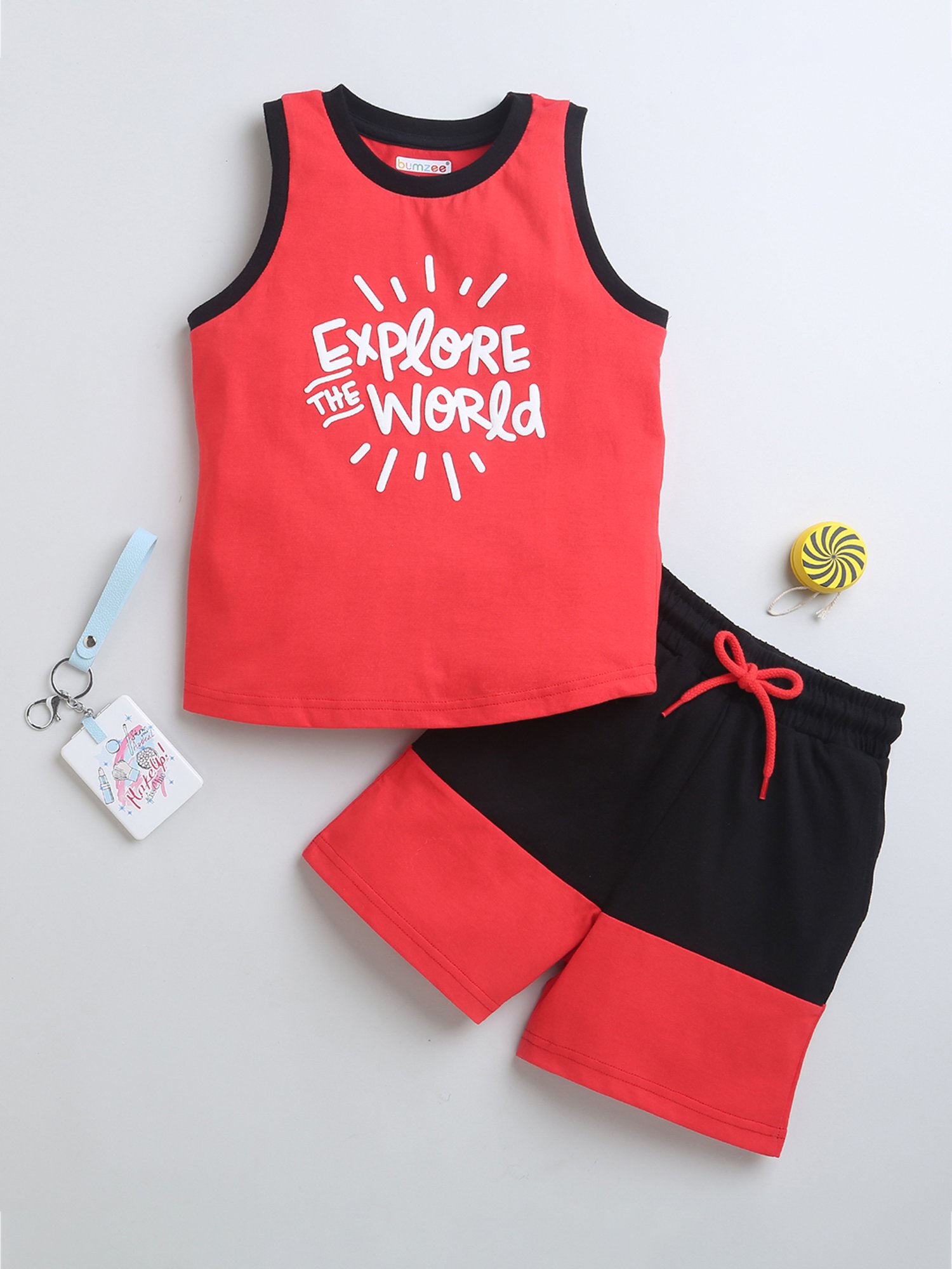 Bumzee Kids Red & Black Printed T-Shirt with Shorts