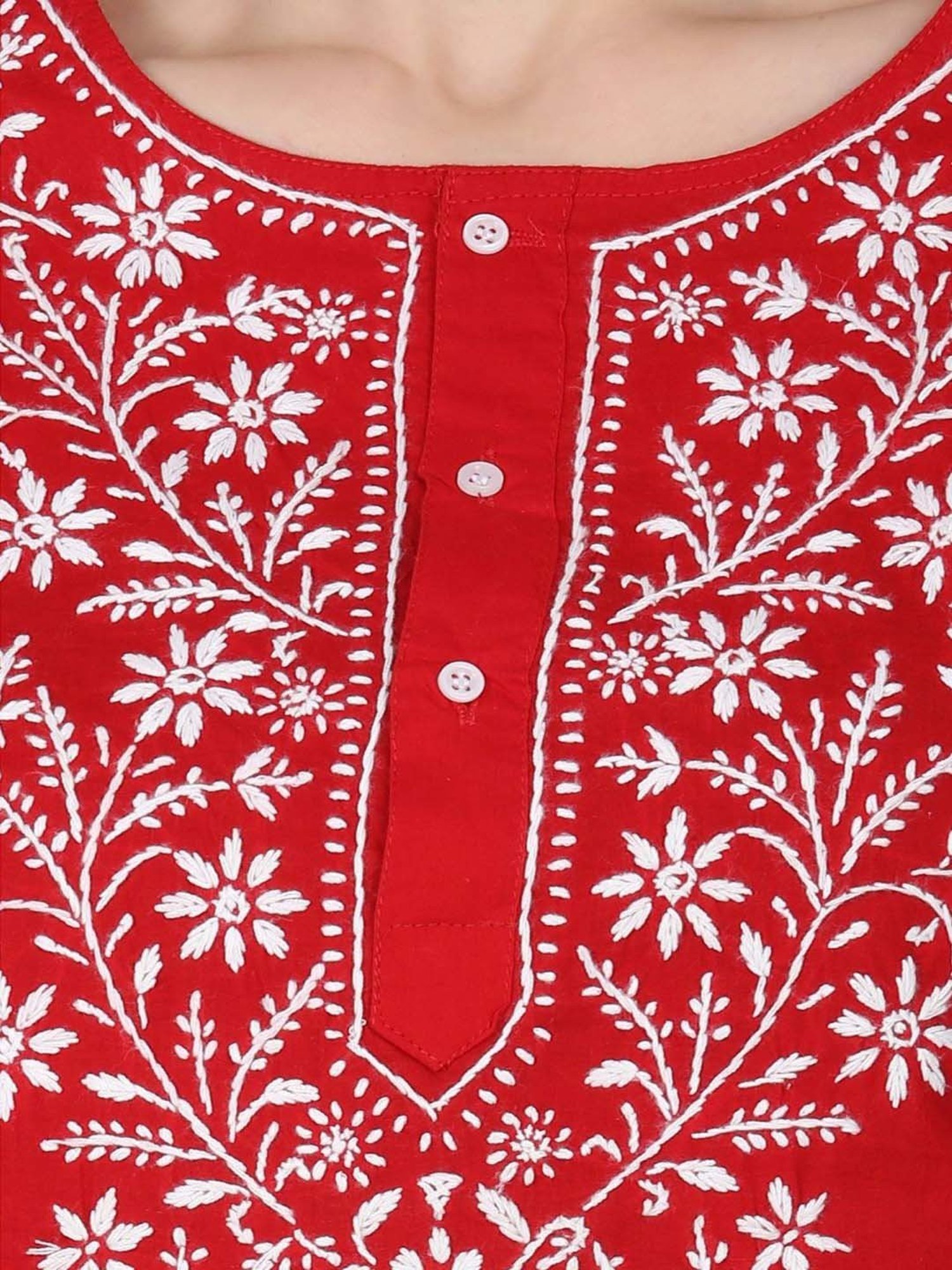 PARAMOUNT CHIKAN Red Cotton Chikankari Straight Kurti