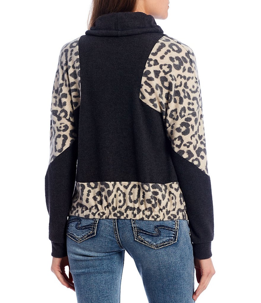Moa Moa Cheetah Print Colorblock Sleeve Cowl Neck Pullover