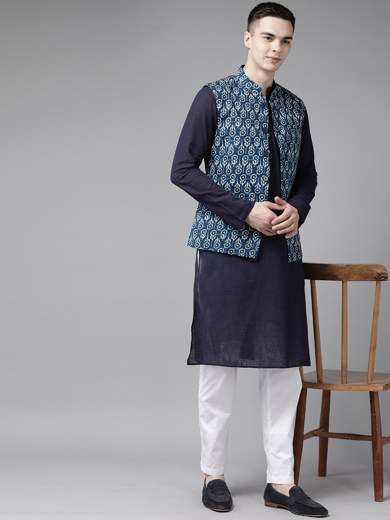 See Designs Blue Cotton Regular Fit Printed Nehru Jacket