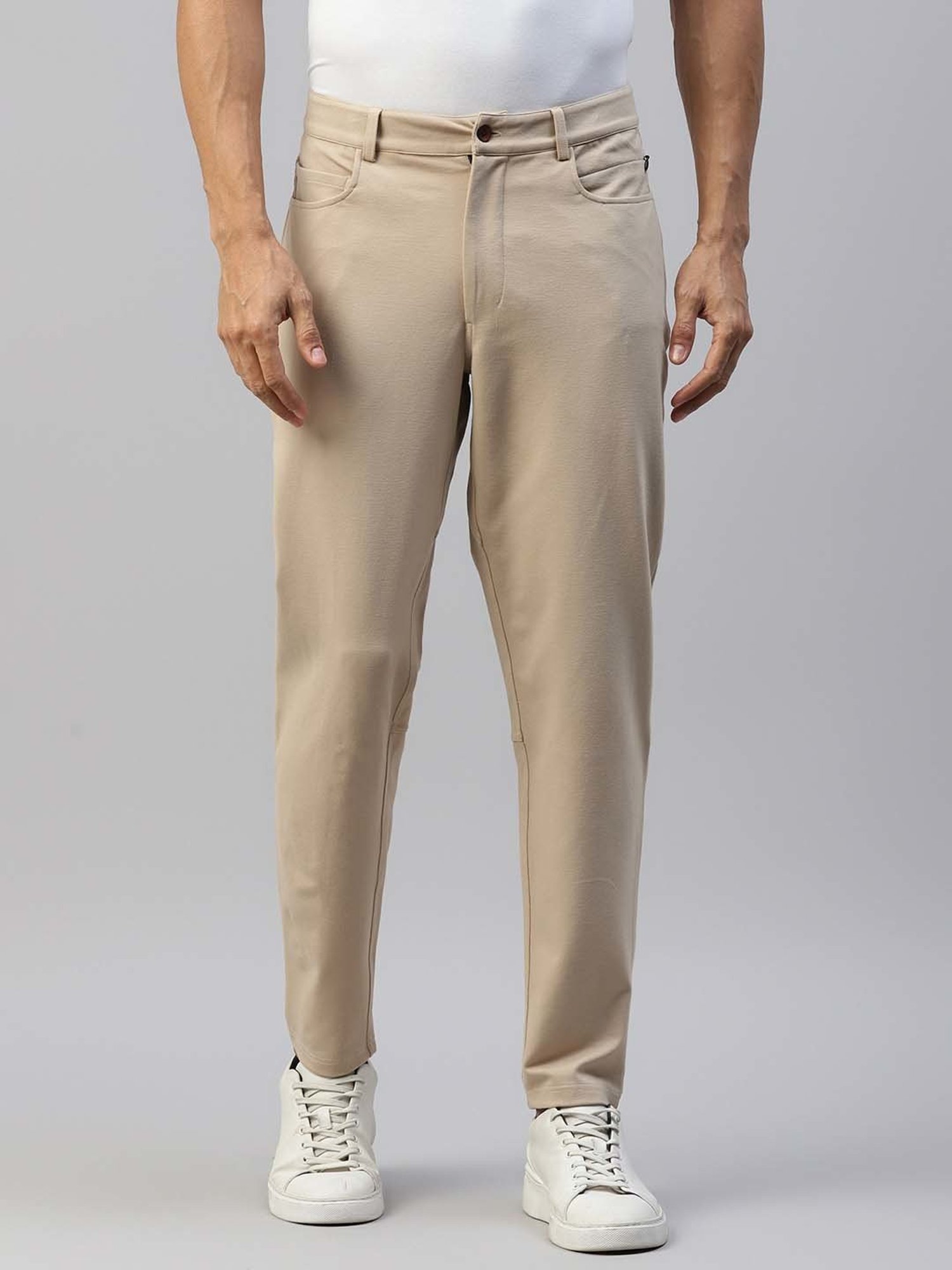 Slowave Beige Regular Fit Flat Front Trousers