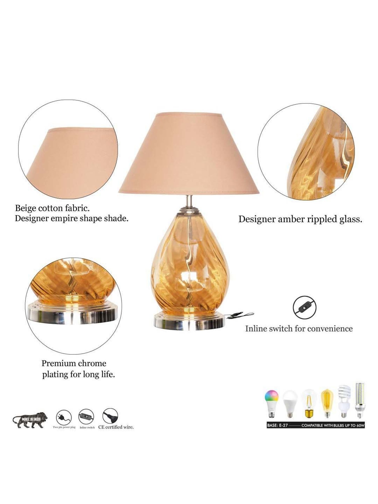 Kapoor Lamp Shades Amber & Nickel Glass Decade Table Lamp With Cotton Shade