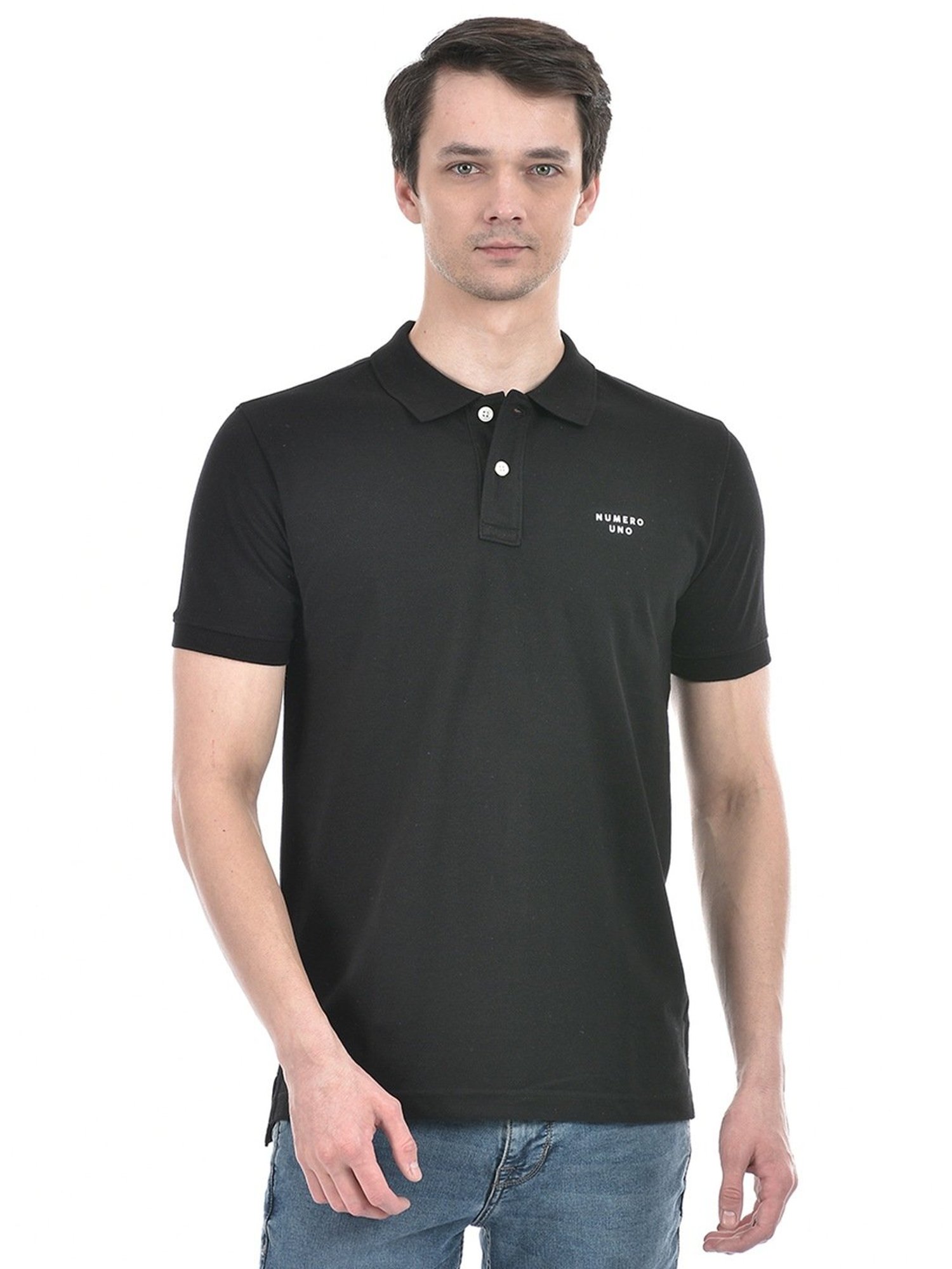 Numero Uno Black Cotton Slim Fit Polo T-Shirt
