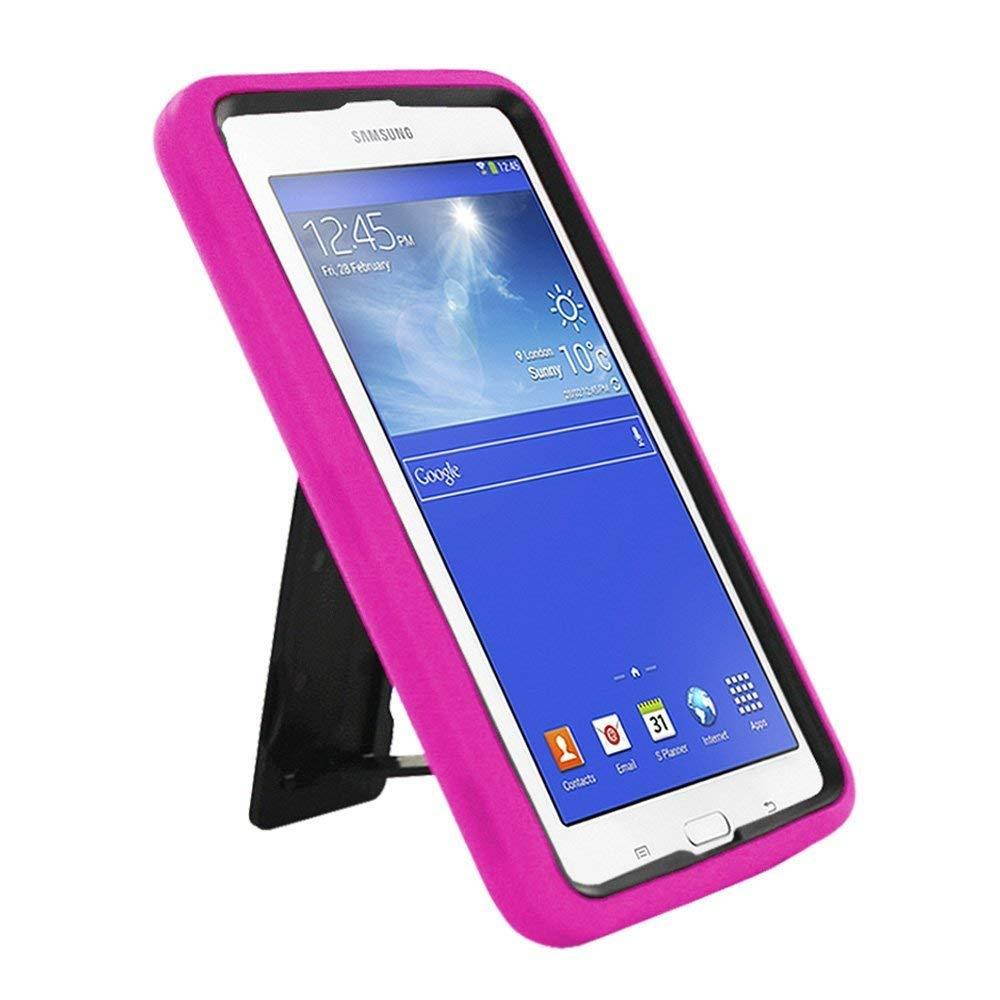 Samsung Galaxy Tab 3 7" LITE SM-T110 Drop Protection Hybrid Case Full Body Silicone Plastic Cover featuring Built-In Kickstand and Screen Protector - Black / Hot Pink by KIQ (TM)