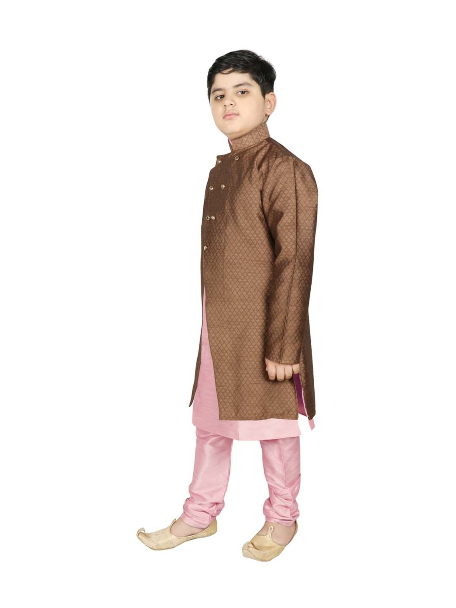 SG Yuvraj Kids Brown & Pink Textured Pattern Full Sleeves Kurta Set