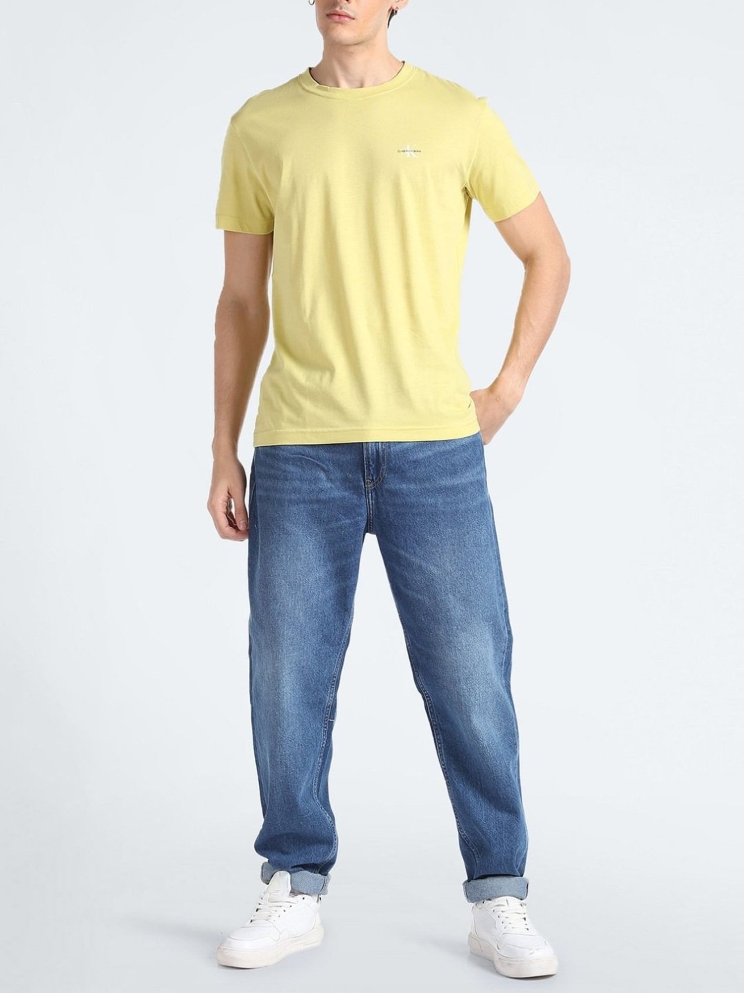 Calvin Klein Jeans Yellow & White Cotton Regular Fit T-Shirt