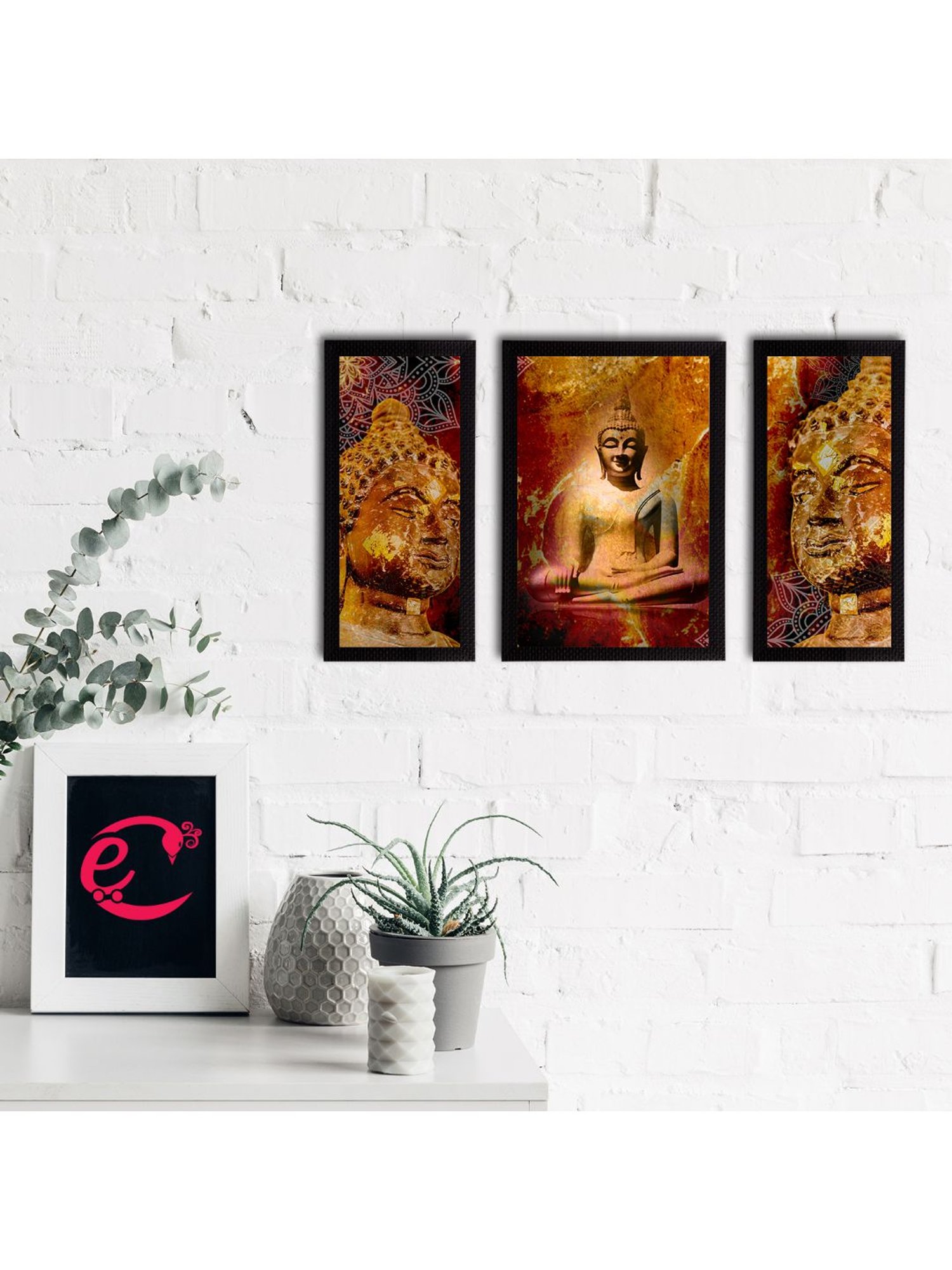 eCraftIndia Set of 3 Meditating Lord Buddha Satin Matt Textured UV Art Painting