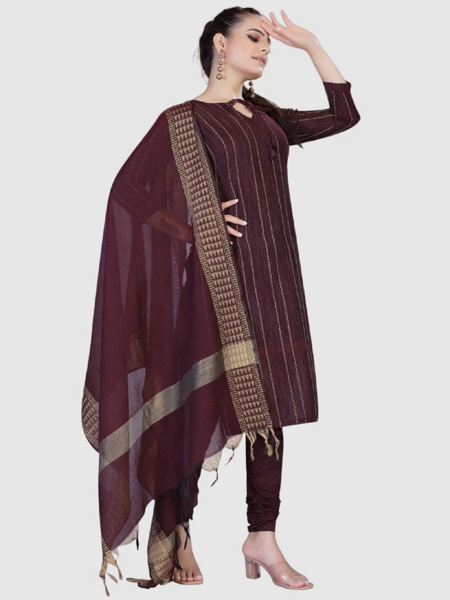 APNISHA Maroon Cotton Striped Unstitched Dress Material