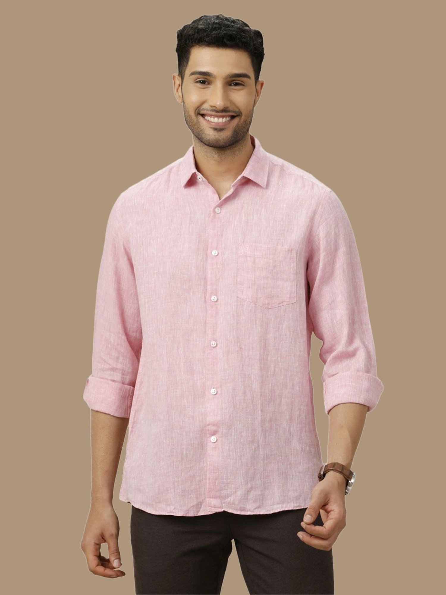 Linen Club Pink Linen Contemporary Fit Texture Shirt