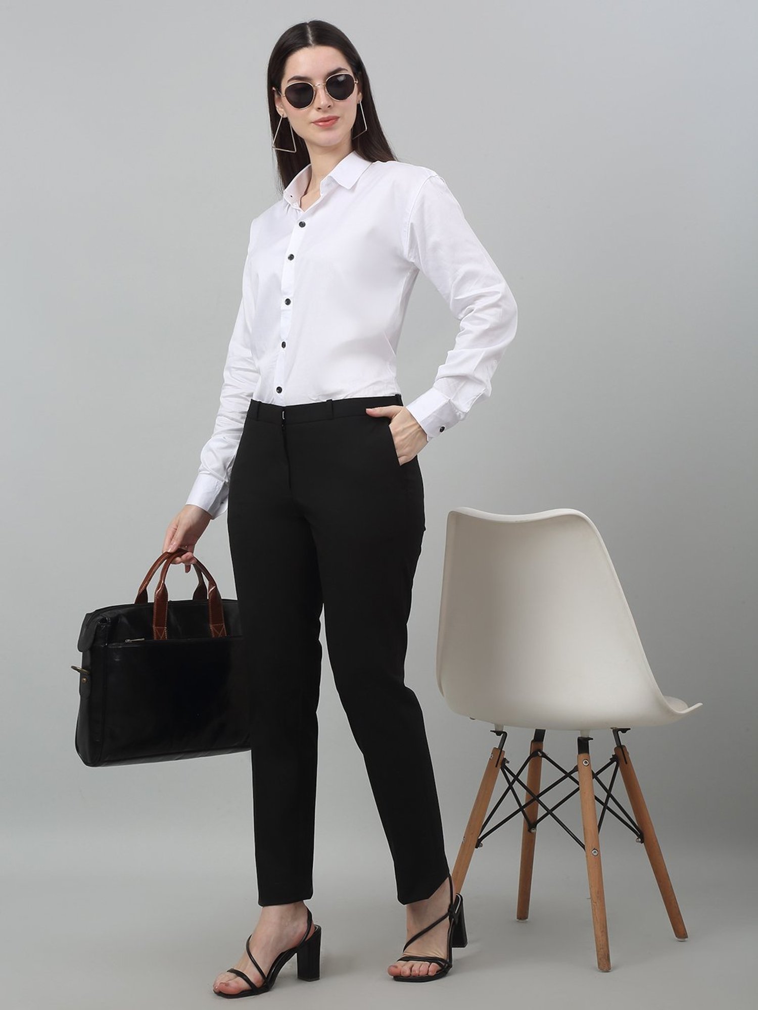 Cantabil Black Cotton Lycra Regular Fit Mid Rise Trousers