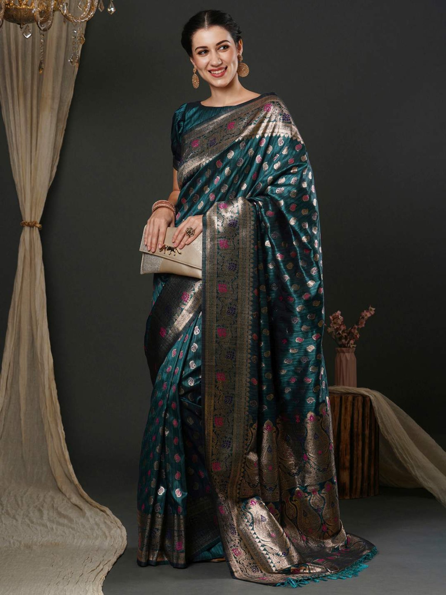 Saree Mall Blue Woven Saree With Unstitched Blouse