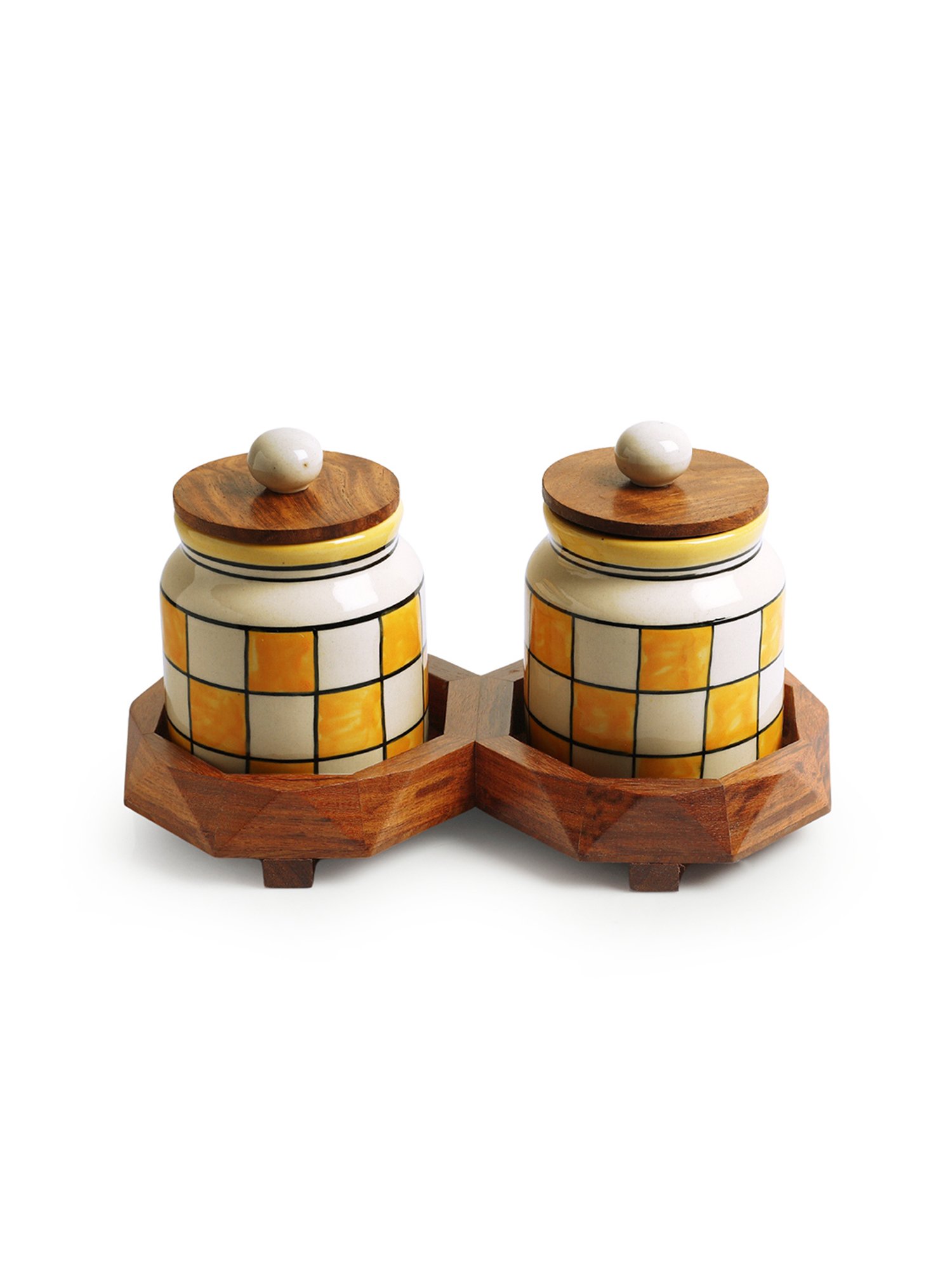 ExclusiveLane Shatranj Yellow & White Ceramic Jars & Containers - Set of 2, 440 ML