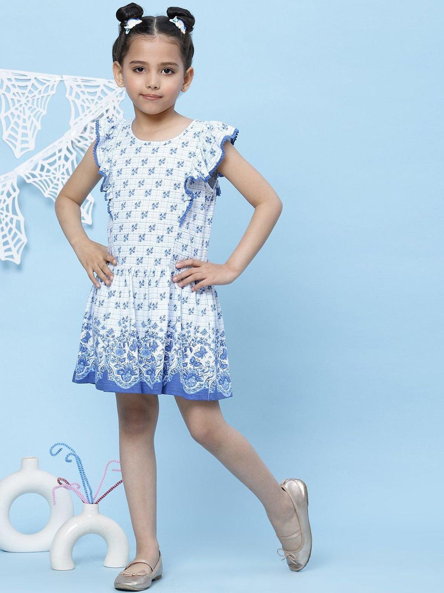 BIBA Girls White Cotton Printed Dress