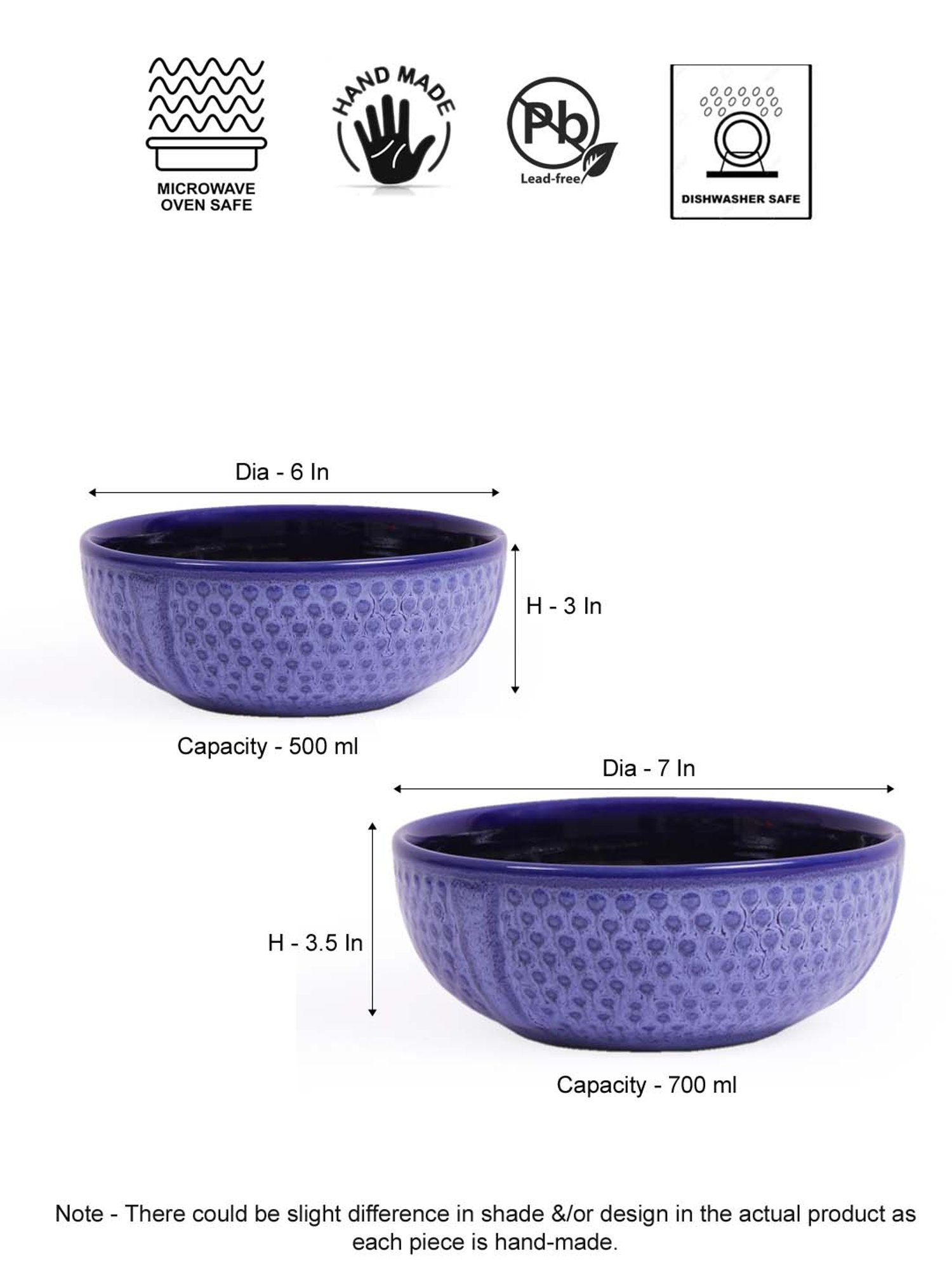 VarEesha Blue Ceramic Serving Bowls (700 ml, 500 ml) - Set of 2