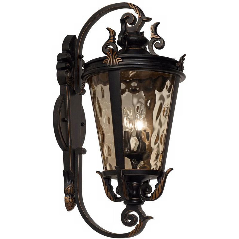 John Timberland Traditional Outdoor Wall Fixture Veranda Bronze Ornate Scroll 36" Champagne Hammered Glass for Exterior Porch