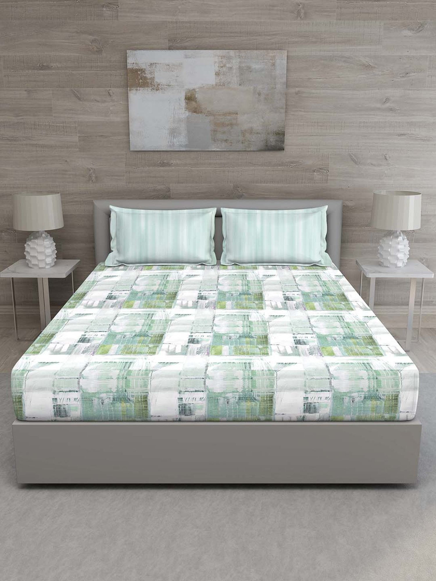 GM Green & White 100% Cotton 144 TC King Bedsheet Set