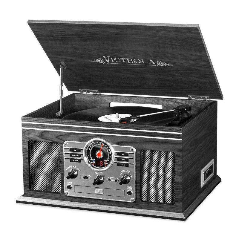 Victrola Nostalgic Classic Wood 6-in-1 Bluetooth Turntable Entertainment Center, Graphite