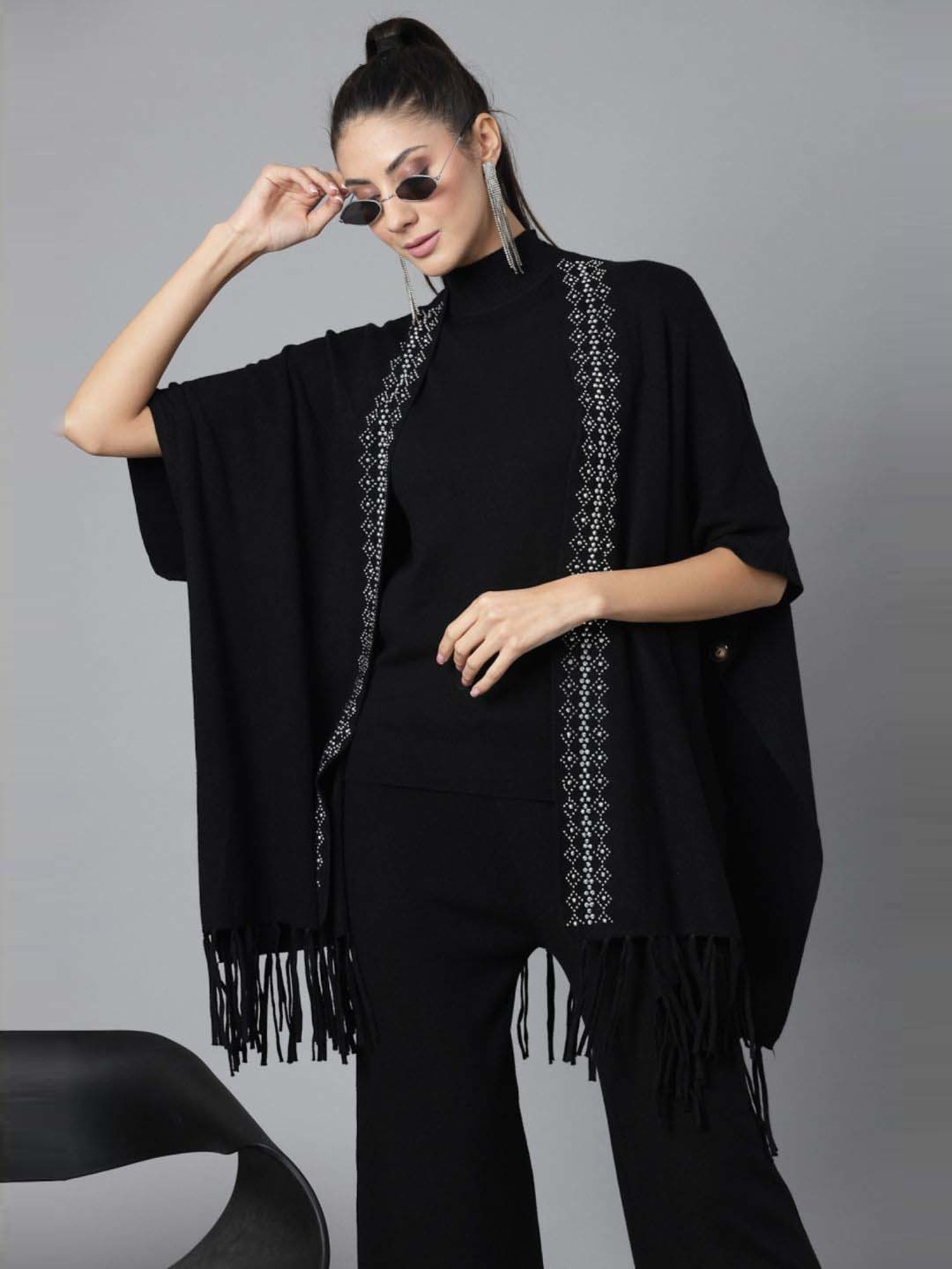 Mafadeny Black Embellished Top Pants Set With Shrug