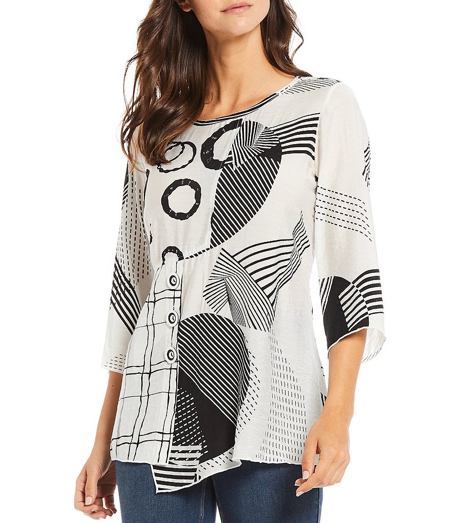 Ali Miles Petite Size Mixed Geometric Print Jewel Neck Tunic