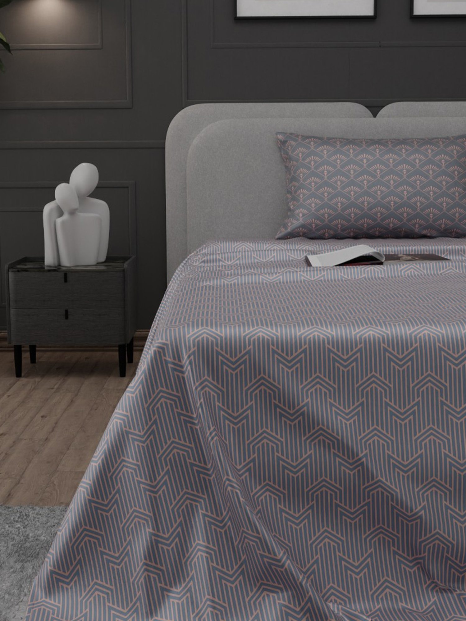 Stoa Paris Elegance Grey Polyester 300 TC Sateen Single Size Bed Sheet With 1 Pillow Cover