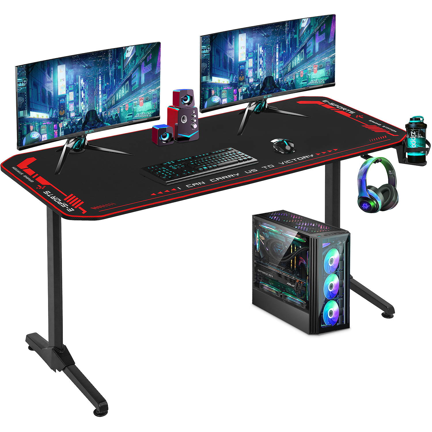 Computer Desk Gaming Desk 55 Inch Home Office Desk with Headphone Hook Cup Holder and Socket Rack Full-Surface Mouse pad Gamer Workstation for Adult Teens,Black