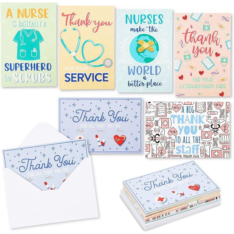 24-Pack Nurse & Doctor Appreciation Thank You Cards, 6 Assorted Designs, Blank Inside, 4x6