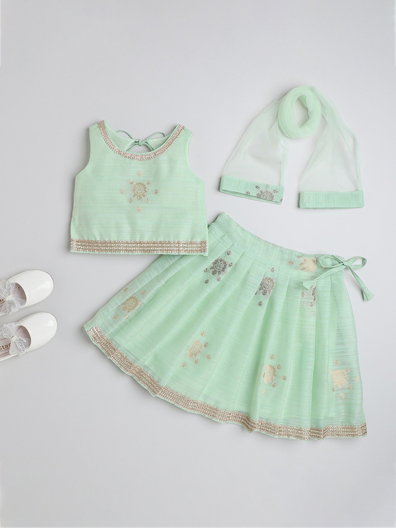 Many Frocks Kids Green Embroidered Ghagra, Choli with Dupatta