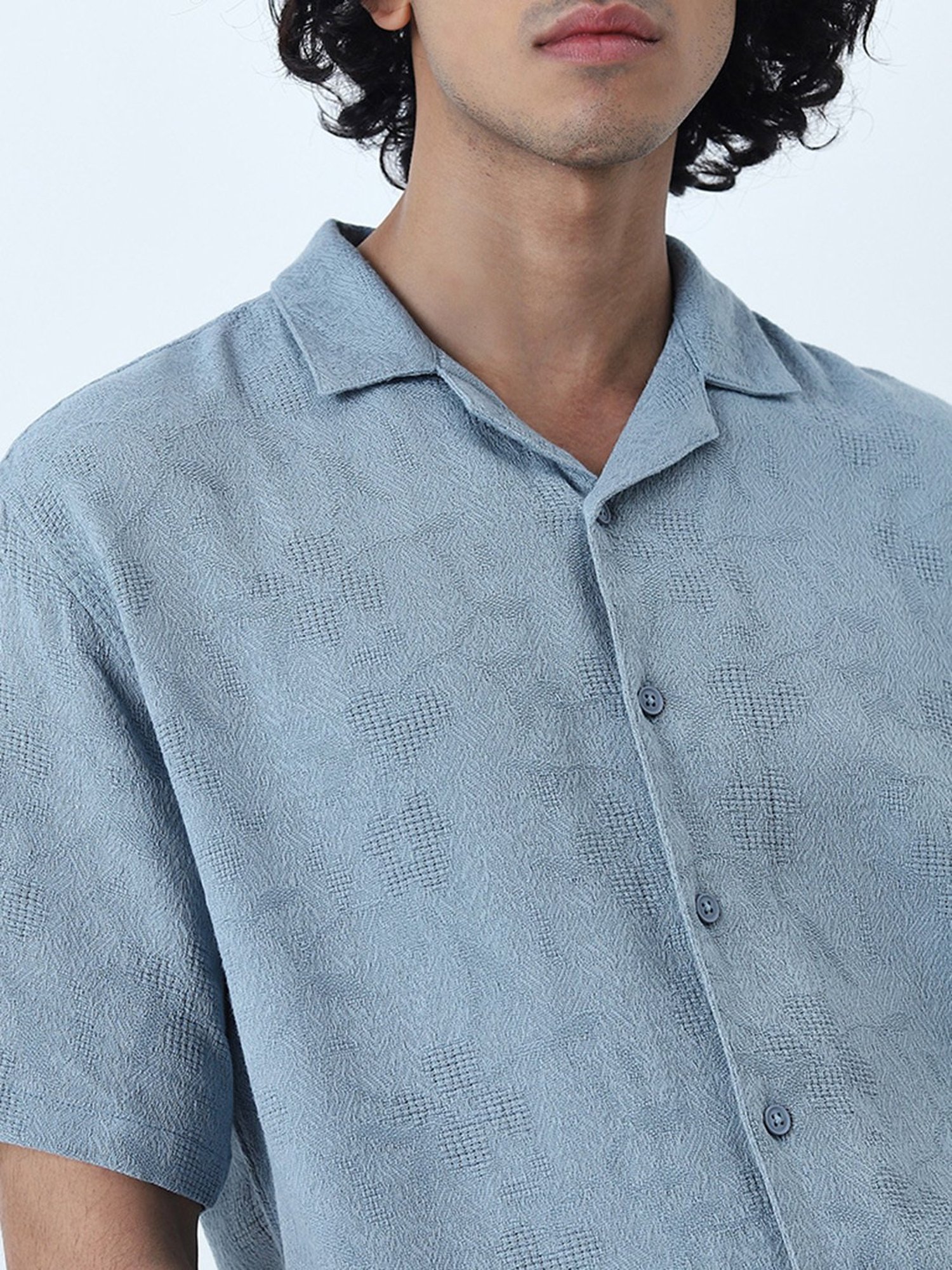 ETA by Westside Dusty Blue Textured Relaxed-Fit Cotton Shirt