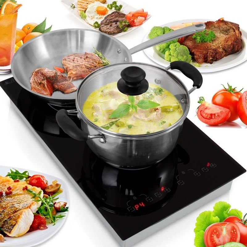 NutriChef 1800 Watt Adjustable Temperature Electric Dual Induction Double Countertop Cooktop Burner with Digital Controls and Countdown Timer, Black