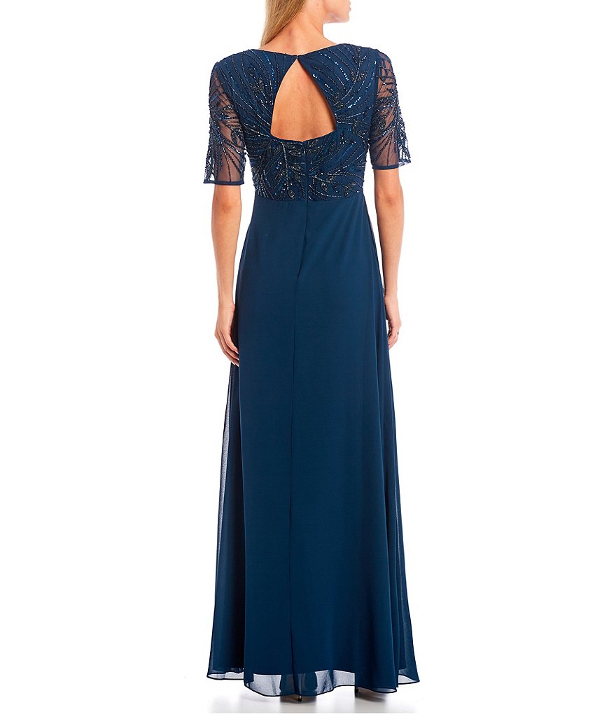 Adrianna Papell Square Neck Short Mesh Sleeve Beaded Bodice Chiffon Gown