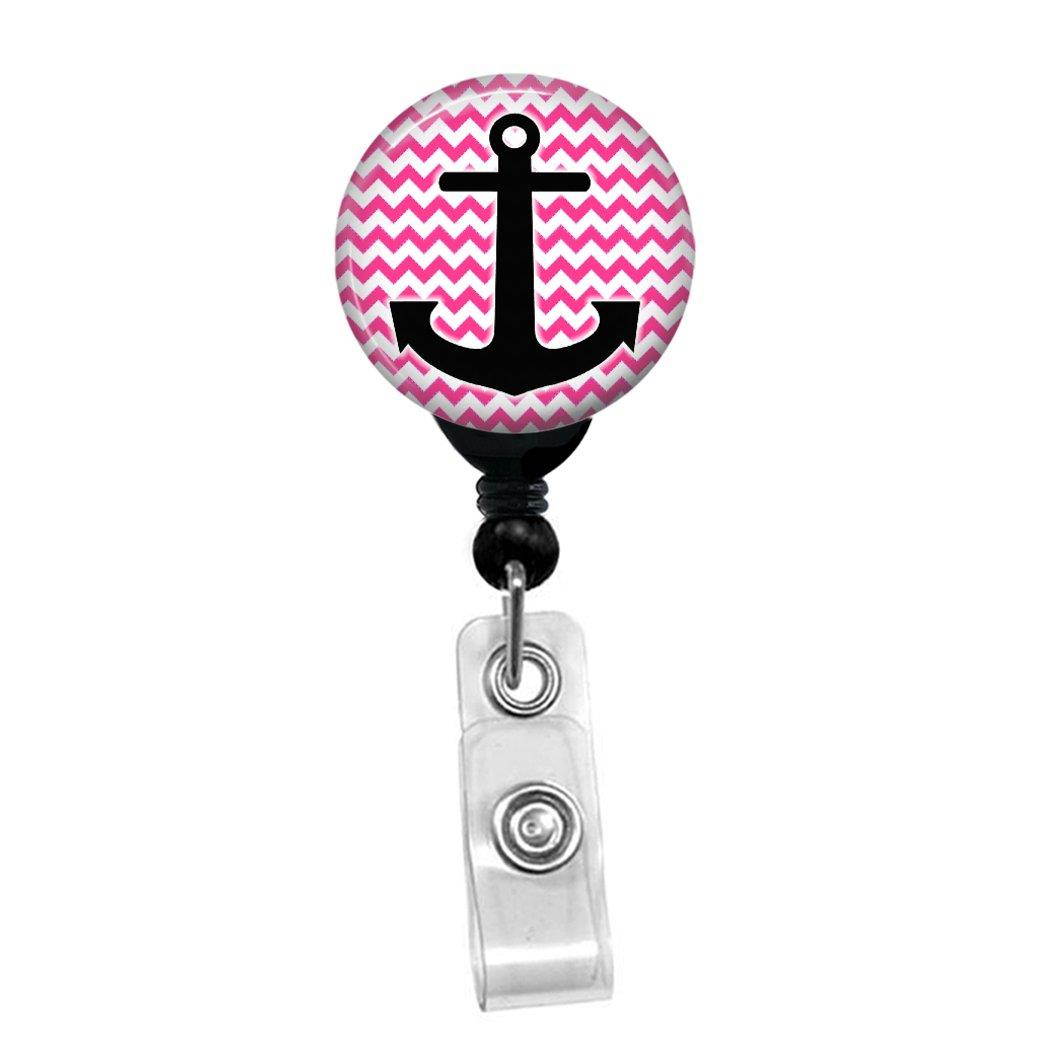 Anchor On Chevrons -Retractable Lanyard Badge Reel - ID Name Tag Custom Clip On Badge Holder (Hot Pink Chevrons Belt Clip)