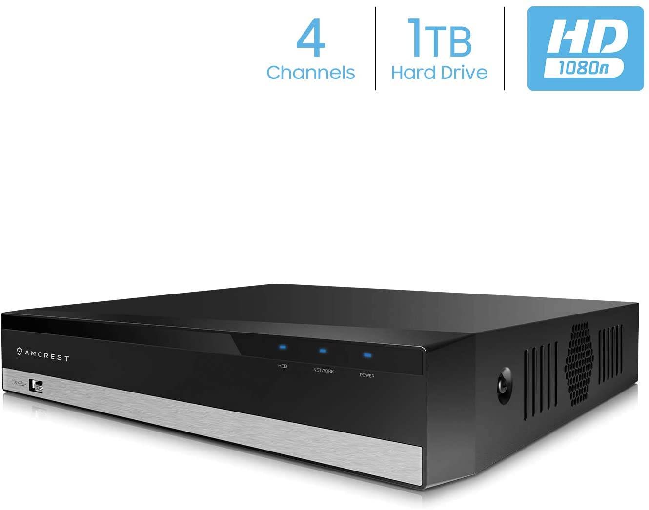 Amcrest HD 1080-Lite 4CH Video Security Camera System - Four 1280x720P IP67 Outdoor Cameras, 65ft Night Vision, Pre-Installed 1TB HDD, Supports AHD, CVI, TVI, 960H & IP Cameras (AMDVTENL4-4B-B-1TB)