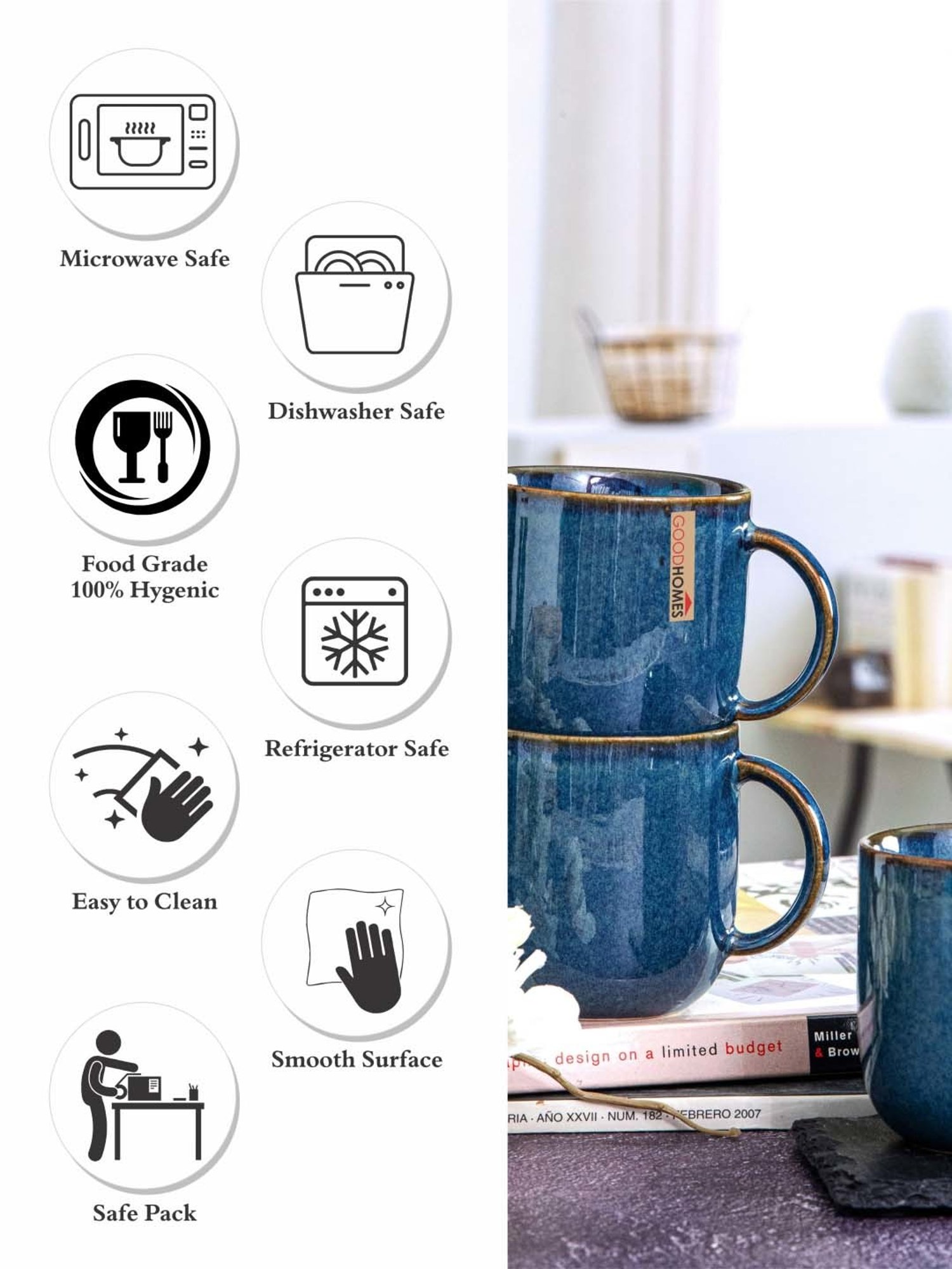 Goodhomes Blue Stoneware Coffee Mugs (0.2 L) - Set of 6