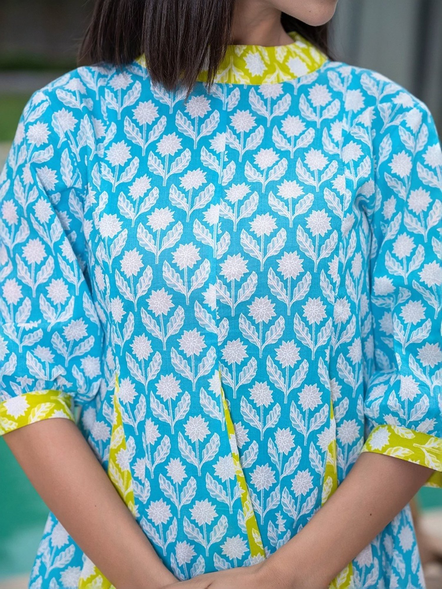 Yufta Blue & Green Cotton Printed A-Line Dress