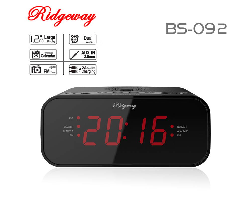 Ridgeway BS-092 Clock Radio PLL FM Portable Radio With Clock & Dual Alarm & LED Display Color Black