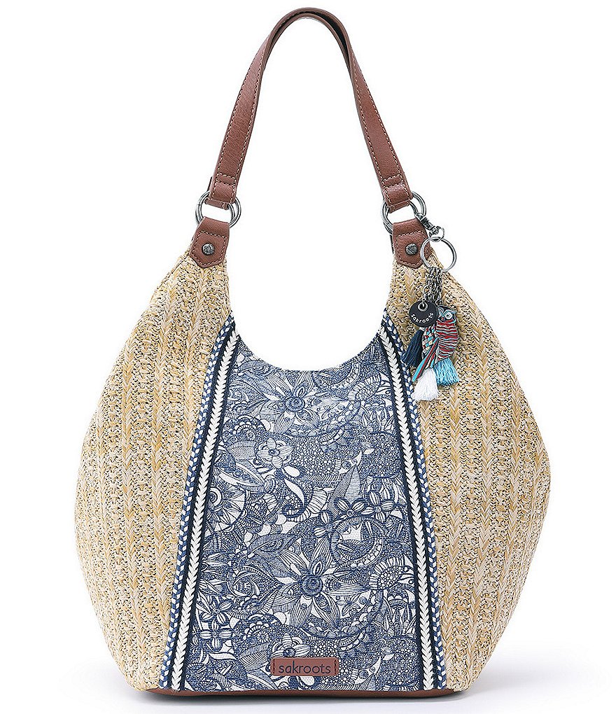 Sakroots Roma Straw Canvas Snap Floral Hobo Tassel Bag