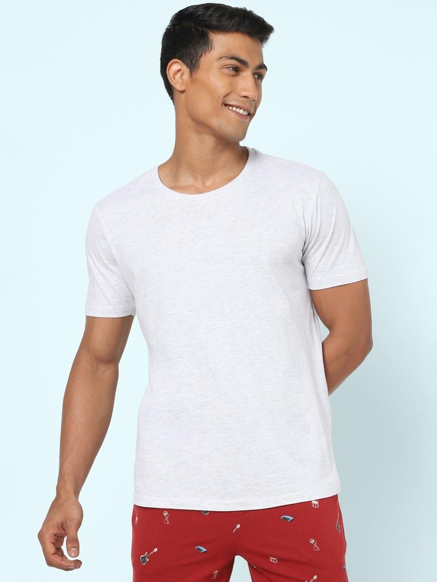 Ajile by Pantaloons Ecru Melange Cotton Slim Fit Lounge T-Shirt