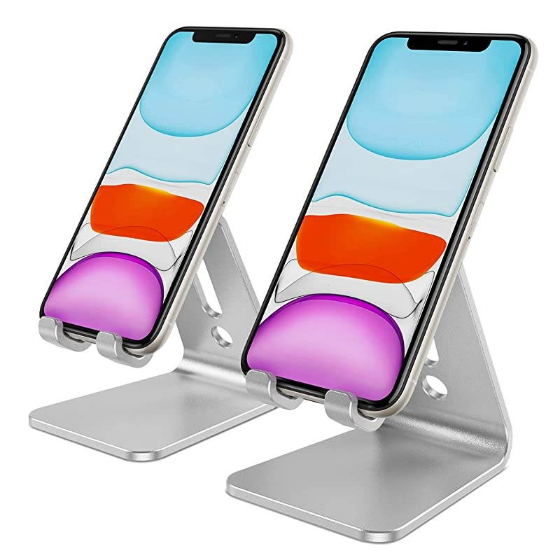 2 Pack  Cell Phone Stand Upgraded Aluminum Cell Phone Holder Phone Cradle with Protective Pads for Phone 12 Pro Max 11 XR XS 8 Plus SE iPad Mini and Android Phones Silver + Sliver