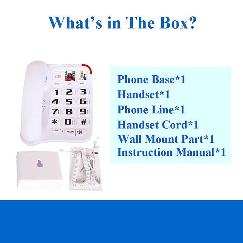 Big Button Corded Phone with 3 One-Touch Speed Dial,  P-45 Picture Care Phone for Seniors with Memory Protection/Wall Mountable/SOS Emergency